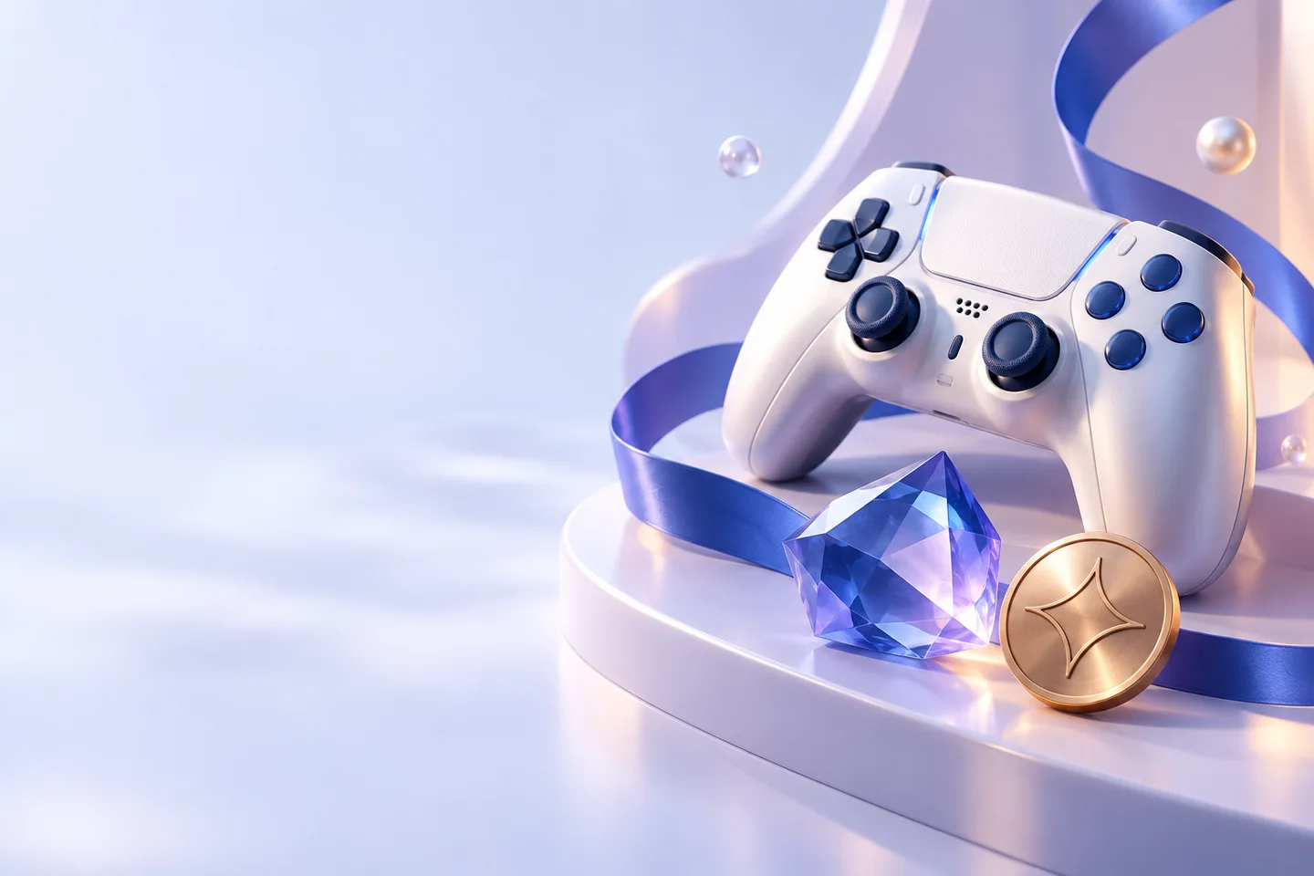 A white game controller with blue and violet collectible objects